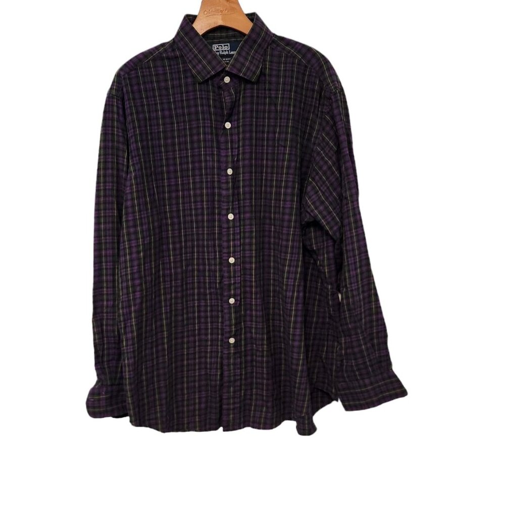 Polo Ralph Lauren Shirt Regent Classic Fit Button Up Purple Blue‎ Check XL EUC